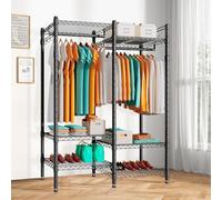 Wooruy Heavy Duty Clothes Rail with Adjustable Shelves,Clothing Rail Clothing Rack Freestanding Wardrobe Closet Rack with Double Rods,Metal Garment Rail,Black 47.2" L x 15.7" W x 76.3" H