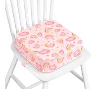 Wooshwa Kids Booster Seat for Dining Table, 4" Kids Booster Seat for Chair | Non-Slip Bottom, Portable Detachable Travel Cushion with 2 Adjustable Straps (Pink Rainbow Clouds)