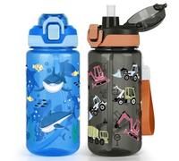 wooshwa Kids Water Bottle for School, 2-Pack 600ml Leakproof 2-in-1 Water Bottle with a Pop-up Detachbale Straw, Dishwasher Safe (Shark/Construction Truck)