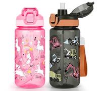 wooshwa Kids Water Bottle for School, 2-Pack 600ml Leakproof 2-in-1 Water Bottle with a Pop-up Detachbale Straw, Dishwasher Safe (Unicorn/Construction Truck)