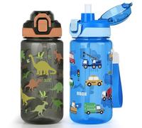 wooshwa Kids Water Bottle for School, 2-Pack 600ml Leakproof 2-in-1 Water Bottle with a Pop-up Detachbale Straw, Dishwasher Safe (Dinosaur/Transportation)