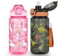 wooshwa Kids Water Bottle for School, 2-Pack 600ml Leakproof 2-in-1 Water Bottle with a Pop-up Detachbale Straw, Dishwasher Safe (Unicorn/Dinosaur)