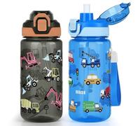 wooshwa Kids Water Bottle for School, 2-Pack 600ml Leakproof 2-in-1 Water Bottle with a Pop-up Detachbale Straw, Dishwasher Safe (Construction Truck/Transportation)