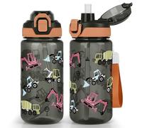 wooshwa Kids Water Bottle for School, 600ml Leakproof 2-in-1 Water Bottle with a Pop-up Detachbale Straw, Dishwasher Safe (Construction Truck)