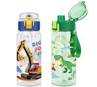 wooshwa Tritan Kids Water Bottle for School, 2-Pack 550ml Leakproof 2-in-1 Toddler Water Bottle with a Pop-up Detachbale Straw, Dishwasher Safe (Construction Truck/Dinosaur)