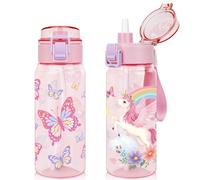 wooshwa Tritan Kids Water Bottle for School, 2-Pack 550ml Leakproof 2-in-1 Toddler Water Bottle with a Pop-up Detachbale Straw, Dishwasher Safe (Butterfly/Unicorn)