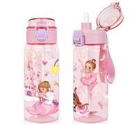 wooshwa Tritan Kids Water Bottle for School, 2-Pack 550ml Leakproof 2-in-1 Toddler Water Bottle with a Pop-up Detachbale Straw, Dishwasher Safe (Princess/Ballerina)