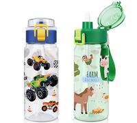 wooshwa Tritan Kids Water Bottle for School, 2-Pack 550ml Leakproof 2-in-1 Toddler Water Bottle with a Pop-up Detachbale Straw, Dishwasher Safe (Monster Truck/Farm Animals)