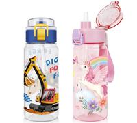 wooshwa Tritan Kids Water Bottle for School, 2-Pack 550ml Leakproof 2-in-1 Toddler Water Bottle with a Pop-up Detachbale Straw, Dishwasher Safe (Construction Truck/Unicorn)