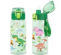 wooshwa Tritan Kids Water Bottle for School, 550ml Leakproof 2-in-1 Toddler Water Bottle with a Pop-up Detachbale Straw, Dishwasher Safe (Dinosaur)