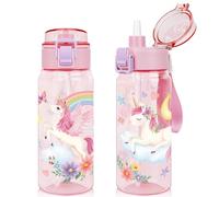 wooshwa Tritan Kids Water Bottle for School, 550ml Leakproof 2-in-1 Toddler Water Bottle with a Pop-up Detachbale Straw, Dishwasher Safe (Unicorn)