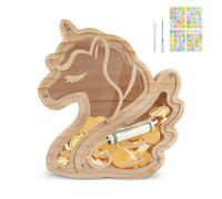 Wooshwa Wooden Money Box, Cute Unicorn Piggy Bank, Creative Money Saving Box with DIY Stickers and Erasable Pen, Unbreakable Coin Bank for Birthday Christmas Christening Gift