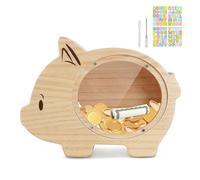 Wooshwa Wooden Money Box for Kids, Cute Piggy Bank for Boys Girls, Creative Kids Money Saving Box with DIY Stickers and Erasable Pen, Unbreakable Coin Bank for Birthday Christmas Christening Gift