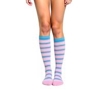 woosnscly Cute Striped Knee High Socks for Women Rainbow Colorful Long Tube Sock Halloween Party Costume Knee Highs Calf Sock, Light Pink Blue Stripes, One size