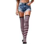 woosnscly Thigh High Socks for Women Crazy Striped Over The Knee High Socks Funny Party Halloween Costume Long Stockings, Light Pink Black Stripes, One size