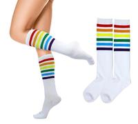 woosnscly Women Knee High Socks Rainbow Striped Socks, White Rainbow Strips, 4.5-7.5