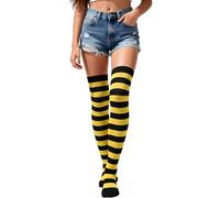 woosnscly Womens Thigh High Socks Striped Long Over The Knee Socks Funny Crazy Halloween Costume Stockings, Wide Stripes, Black Yellow Stripes, One size