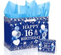 Woosytoo 16th Birthday Gift Bag for Boys with Tissue Paper and Greeting Card Blue Silver Wrapping Paper Bag