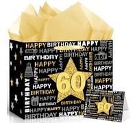 Woosytoo Black Gold 60th Birthday Gift Bag Large Vintage Happy 60th Birthday Gift Bag with Wrapping Paper and Greeting Card for Man Women 60th Sixty Years Old Bday Decorations Party Supplies