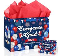 Woosytoo Congrats Grad Gift Bag 2026, Red White Blue Graduation Party Decorations Large 2026 Graduation Gift Bag with Greeting Card and Tissue Paper Class of 2026 Graduation Party Supplies