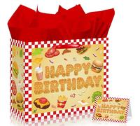Woosytoo Hamburger Birthday Decorations Bag Large Hamburger Happy Birthday Paper Bag with Tissue Paper Card Hamburger Bday Party Supplies for Kids Festival Bday Cooking Italy Theme Party Supplies