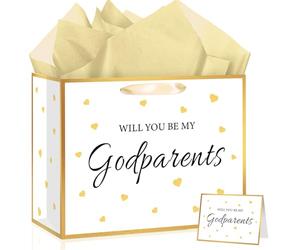 Woosytoo Will You Be My Godparents Gift Bag Godparent Proposal Bag with Wrapping Paper and Card Will You Be My God Parents Favor bag for Baby Shower Baptism Christening Religious Event