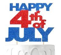 Wootkey 1pcs Glitter Happy 4th of July Cake Topper Picks Patriotic Cake Decorations Fourth of July Red Blue for USA Independence Day Party Supplies