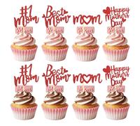 Wootkey 24 Pcs Red Happy Mothers Day Cupcake Toppers Glitter Mothers Day Cake Decorations Heart Cupcake Toppers for Mother's Gift Cake Decorations Party Supplies