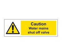 Wootton Industries Caution Mains Shut Off Valve Strip Sign 100mmx35mm | Weatherproof 0.65mm PVC CAUTION - WATER MAINS SHUT OFF VALVE strip sign, UV-stable indoor & outdoor. UK made.