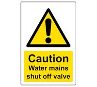 Wootton Industries Caution Water Mains Shut Off Valve Sign 133mmx200mm | Weatherproof 0.65mm PVC CAUTION - WATER MAINS SHUT OFF VALVE sign, UV-stable indoor & outdoor. UK made.