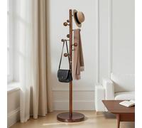 WOOW DEPOT Wooden Coat Rack Stand with 9 Non-Slip Ball Hooks, Solid Rubber Wood Freestanding Coat Stand with Round Base, Space Saving hat stands for Hallway Bedroom Living Room, Walnut, Load 80KG