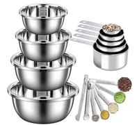 WOOWAIR Mixing Bowl Stainless Steel Set of 4 with Measuring Spoon 12, Stackable Mixing Bowl Dosing Spoon Set, Cups Measuring Cups for Dry Liquid Ingredients Cooking Baking, Kitchen Bowl for Mixing