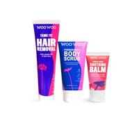 WooWoo The Bikini Babe Bundle - Tame It! Intimate Hair Removal Cream 100ml, Pomegranate Body Scrub 150ml and Saddle Sore Soothing Balm 50ml - Depilatory, Exfoliating Scrub and Moisturiser Set