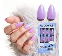 Wooyas Press on Nails Almond, Purple Metallic Mirror Finish Handmade Nails Reflective Mirror, Medium Aurora Nails Full Cover by Professional Manicurist, 24 Pcs Soft Gel Glue On Nails Kit