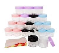 Wopanxye 20pcs 20ml Small Sample Jars, 20 Gram Empty Refillable Cosmetic Container, Plastic Round Pot Purple Screw Cap Lid, Tiny 20g Bottle for Makeup Eye-shadow Nails Powder Jewelry, Free Spatulas