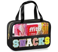 WOPIPAL Snack Bag for Travel - Chenille Letter Clear Makeup Bag, Waterproof Nylon & PVC Cosmetic Pouch with Handle & Zipper, Cute Preppy Storage Organizer for Women (Black)