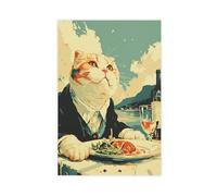 WOPIYNAG Dapper Scottish Fold Cat Dining Print Elegant Gentleman Feline Canvas Poster Wall Art Print Picture Paintings 20x30inch(50x75cm)