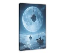 WOPIYNAG Everyone Goes Fishing in Small Boats on The Moonlit Sea Canvas Poster Bedroom Decor Landscape Decor Gift 20x30inch(50x75cm)
