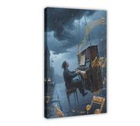 WOPIYNAG Pianist on The Street in The Pouring Rain Canvas Poster Bedroom Decor Landscape Decor Gift 12x18inch(30x45cm)