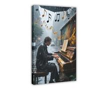 WOPIYNAG Pianist on The Street in The Pouring Rain Canvas Poster Bedroom Decor Landscape Decor Gift 12x18inch(30x45cm)