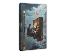 WOPIYNAG Pianist on The Street in The Pouring Rain Canvas Poster Bedroom Decor Landscape Decor Gift 24x36inch(60x90cm)