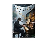 WOPIYNAG Pianist on The Street in The Pouring Rain Canvas Poster Wall Art Print Picture Paintings 08x12inch(20x30cm)