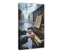 WOPIYNAG Pianist on The Street in The Pouring Rain Canvas Poster Wall Art Print Picture Paintings 24x36inch(60x90cm)