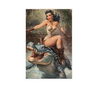 WOPIYNAG Vintage Cowgirl Riding Alligator Canvas Poster Wall Art Print Picture Paintings 12x18inch(30x45cm)