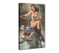 WOPIYNAG Vintage Cowgirl Riding Alligator Canvas Poster Wall Art Print Picture Paintings 16x24inch(40x60cm)