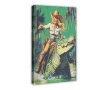 WOPIYNAG Vintage Cowgirl Riding Alligator Poste Canvas Poster Wall Art Print Picture Paintings 20x30inch(50x75cm)