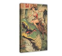 WOPIYNAG Vintage Cowgirl Riding Alligator Poster Canvas Poster Wall Art Print Picture Paintings 12x18inch(30x45cm)