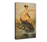 WOPIYNAG Vintage Western Lady Riding Alligator Canvas Poster Bedroom Decor Landscape Decor Gift 24x36inch(60x90cm)