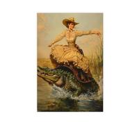 WOPIYNAG Vintage Western Lady Riding Alligator Canvas Poster Wall Art Print Picture Paintings 24x36inch(60x90cm)