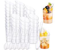 WOPPLXY 100 PCS Mini Angled Dessert Cups with Spoons, 65ml Plastic Dessert Pots Cylinder Dessert Cups, Clear Parfait Appetizer Cup Serving Cups for Party, Mousse, Pudding